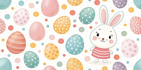 Cute bunny character with colorful Easter eggs against white background, Easter card background