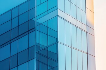 Fototapeta premium Modern glass skyscraper reflects the vibrant hues of morning light in a bustling urban landscape. Generative AI