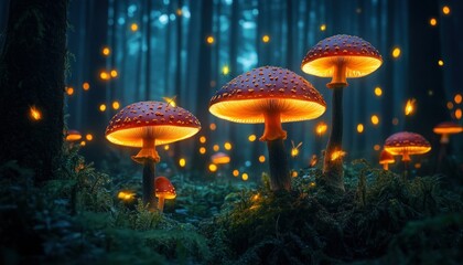Fototapeta premium Enchanted Forest: Glowing Mushrooms and Fireflies create a magical scene