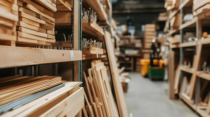 Obraz premium Woodworking store aisle with lumber and hardware, forklift in background; DIY project inspiration