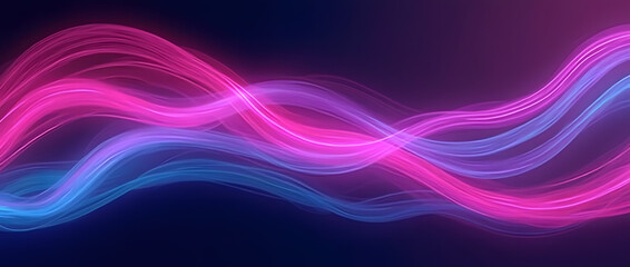 Fototapeta premium Shows a vibrant abstract backdrop with flowing neon waves of pink, purple, and blue, contrasted against a dark background. The swirling lines convey a feeling of motion and energy.