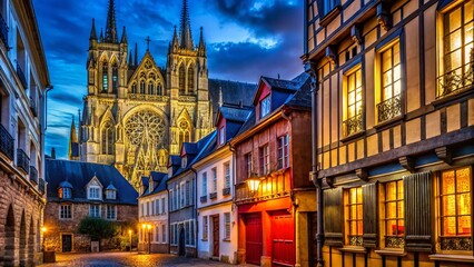 Fototapeta premium Amiens Cathedral Night Illumination, Pilgrim House, France - Macro Photography