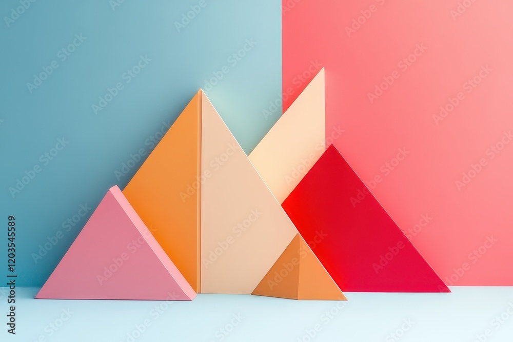 Poster geometric shapes in vibrant colors create an artistic display in a modern design studio. generative 