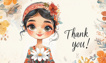 Illustration of a woman in floral attire holding a white flower. Warm pastel tones with decorative floral patterns. For thank you cards, gratitude notes, creative projects, and personal messages.