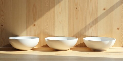 Sunlit Minimalist Still Life Three Empty White Bowls on Light Wooden Surface