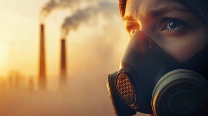 Person in gas mask stands in front of smokestacks highlighting environmental concerns and pollution issues.	
