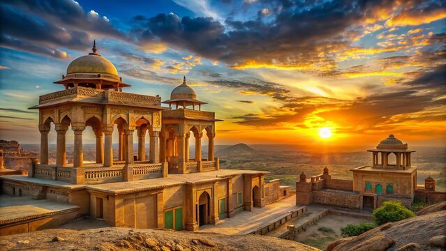 Ancient Mausoleum at Makli Hill, Thatta, Pakistan: Panoramic Sunset Landscape