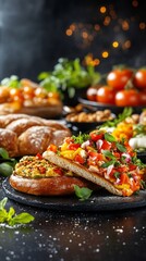 Delicious toasted bread topped with vibrant tomato salsa and creamy mozzarella cheese. AI Generated