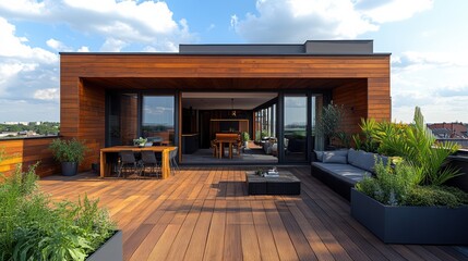 Chic rooftop terrace with wooden flooring and high fidelity sound system urban location modern design outdoor view relaxation concept