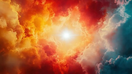 Vibrant red, orange, yellow, and blue hues blending into soft clouds, with a radiant white light in the center, creating a surreal, dreamlike cosmic composition.