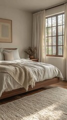 Cozy minimalist bedroom design featuring a floating bedframe in a natural light environment modern aesthetic peaceful retreat