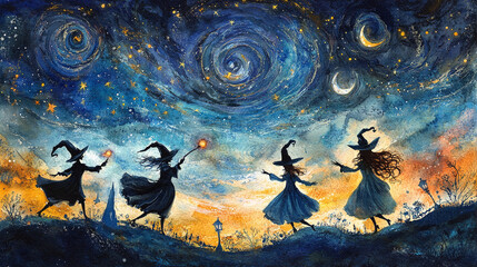 The image is an artistic painting depicting four witches dancing under a celestial sky filled with swirling galaxies and stars