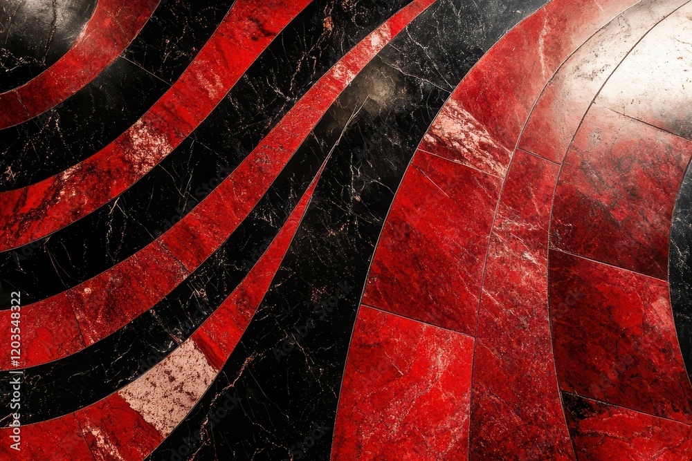 Poster striking geometric patterns in red and black marble create a dynamic visual effect on the polished f
