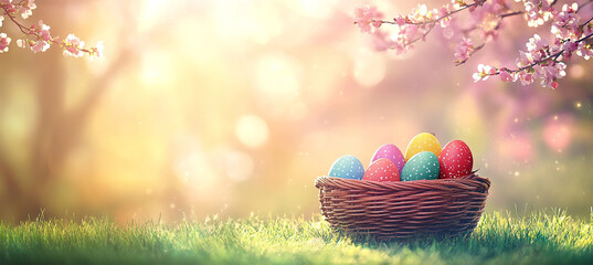 Easter background with pink blossom and basket with painted easter eggs, easter egg hunt game theme. Colored eggs in green grass to grab and collect, leisure game on holidays. The religious 