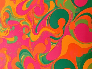 Psychedelic 1960s wallpaper with swirling abstract patterns in vibrant shades of pink, orange, and green, perfect for a groovy aesthetic