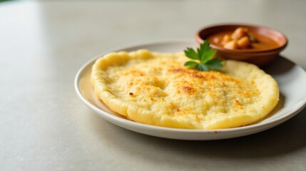 A savory flatbread, golden-brown and crisply textured, served alongside a flavorful stew of legumes in a rustic bowl, garnished with fresh herbs.