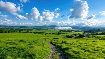 Obraz premium Sunny day, green valley path, distant mountains, summer landscape, travel postcard