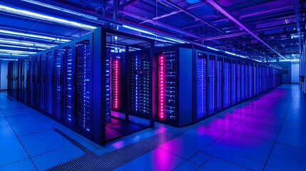 28. A high-tech data processing environment, with glowing server racks and digital displays showing uptime