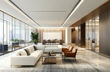 Fototapeta premium White ceiling and carpeted flooring in the conference room. In an open space, there is also sofa furniture and chairs for relaxing during team members' meetings. Generative AI