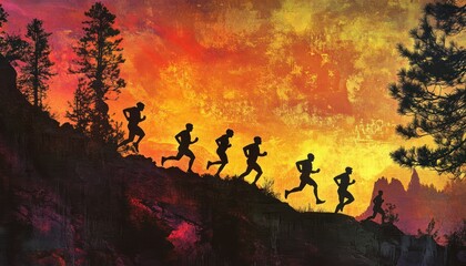 Fototapeta premium Silhouetted runners ascend a fiery hill representing challenges and progress