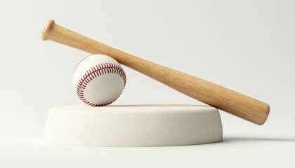 Classic Baseball Equipment with a Wooden Bat Resting on a White Minimalist Stand