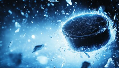 Ice hockey puck breaks glass with force and intensity in a dynamic scene