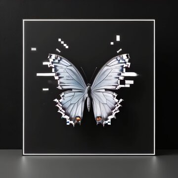 Digital butterfly with fragmented, pixelated wings on a dark black background. Ai art concept. Copy space for text motion background. Logo intro