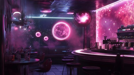 Cosmic Bar Neon Lights Galaxy Interior Design