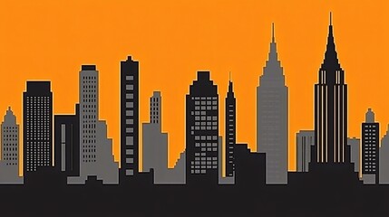 Naklejka premium Majestic City Skyline at Sunset Orange Graphic Illustration