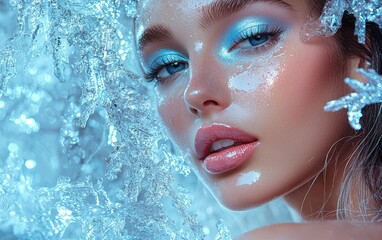 A stunning beauty shot of a woman with icy blue eyeshadow and glossy lips, glowing against a winter frost-textured backdrop