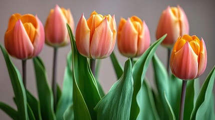 Obraz premium Group of peach and orange tulips blooming together provides a fresh botanical background for springtime advertising.