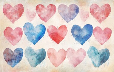 Fototapeta premium Soft watercolor hearts in pink, red, and blue on a neutral canvas