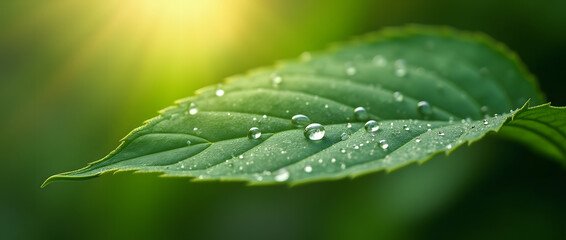 A close-up of a green leaf with water droplets in the sun, highlighting the intricate patterns and fresh appearance of the foliage.