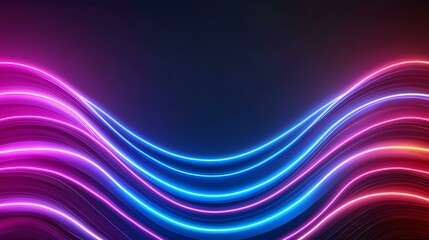 Fototapeta premium The image contains vibrant, glowing neon lines forming curved, wave-like patterns in shades of pink, purple, and blue against a dark background.A medium description sentence: Swirling neon waves of