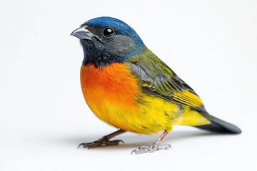 Fototapeta premium Vibrant small bird with blue, orange, and yellow plumage.