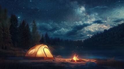 a cozy campsite with a glowing tent and a crackling campfire under a sky full of bright stars in the wilderness. 