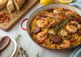 Authentic Spanish Paella: Mixed Meat Seafood Rice Dish in Traditional Pan