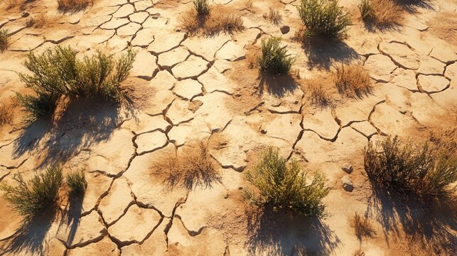 a cracked and parched earth landscape under a scorching sun, with sparse vegetation struggling to survive. 