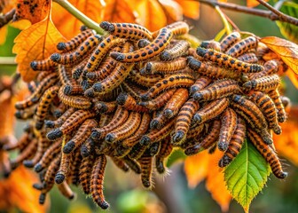 Obraz premium Autumn Close-Up: Bagworm Moth Caterpillars on Branch