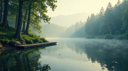 Obraz premium Serene morning mist shrouds a tranquil lake, reflecting the majestic silhouettes of trees lining its shores, a wooden dock extending invitingly into the calm water.