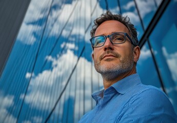 Confident Businessman in Modern Urban Environment with Reflective Glass Building and Dramatic Sky in Background, Exuding Professionalism and Determination