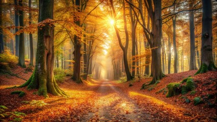 Autumn Forest Path: Mystical Golden Hour Light, Fall Foliage, Magical Woods