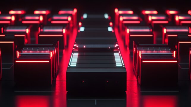 37. A sleek, illuminated server array with rapid data transfers occurring between devices, symbolizing web hosting reliability