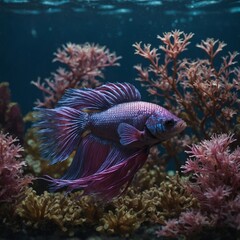 A Betta fish in shades of pink and purple, surrounded by delicate underwater plants.