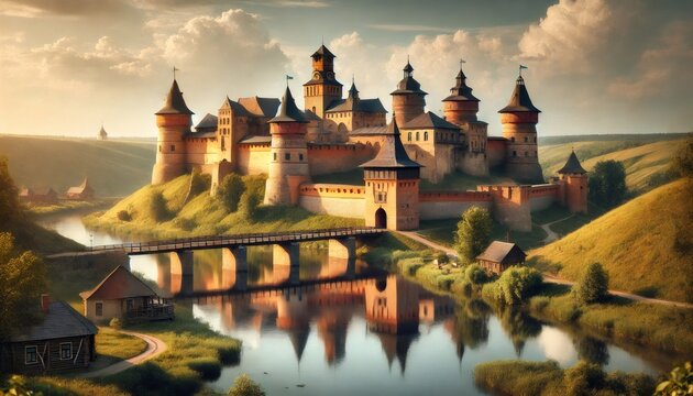 Medieval castle reflecting in river at sunset with dramatic clouds