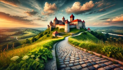 Naklejka premium Bouzov castle standing on a hill at sunset with cobblestone road leading to it