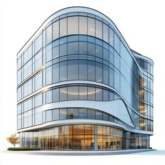 Modern architectural office building with sleek curves and large glass panels reflecting the sky, surrounded by a clear blue backdrop and minimal landscaping elements.