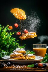 Delicious pancakes float dynamically against dark background Golden syrup drizzles playfully over fluffy stacks A tempting breakfast scene. AI Generated