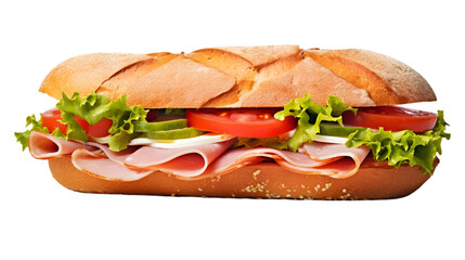 "Delicious Sub Sandwich with Ham, Cheese, Lettuce, and Tomato Isolated on White Background – Perfect for Food and Fast Food Themes"

