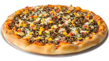 "Delicious Loaded Pizza with Meat, Vegetables, and Cheese Isolated on White Background – Perfect for Food and Italian Cuisine Themes"

